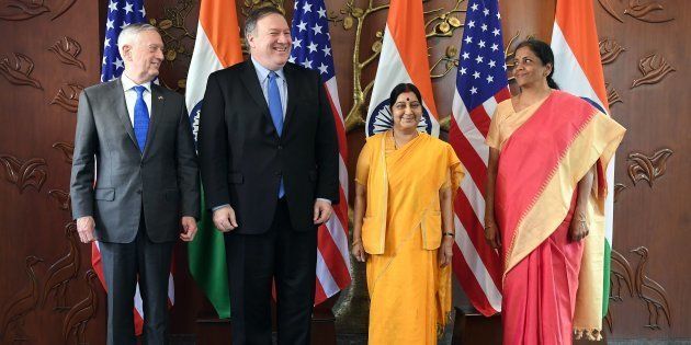 (From left) US defence secretary of US Defence Secretary Jim Mattis, US Secretary of State Mike Pompeo, Indian Foreign Minister Sushma Swaraj and Indian Defence Minister Nirmala Sitharaman in New Delhi on Thursday.