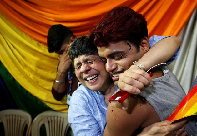 Two people hug each other at an NGO in Mumbai after the Supreme Court verdict on Section 377 on Thursday.