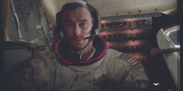 Astronaut Eugene A. Cernan, Apollo 17 commander, is photographed inside the lunar module on the lunar surface following the second extravehicular activity (EVA) of his mission in this 12 December, 1972 NASA handout photo.