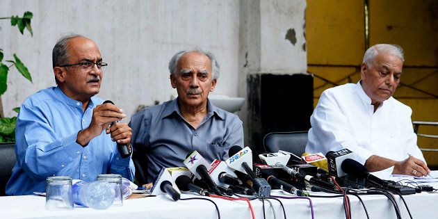 (From left) Prashant Bhushan, Arun Shourie and Yashwant Sinha at their first press conference on the Rafale deal on 8 August in New Delhi.