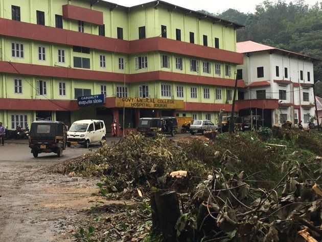 Trees stumps at the entrance of the Govt Medical College and Hospital, Idukki, the approach road to which is scarred by landslides.