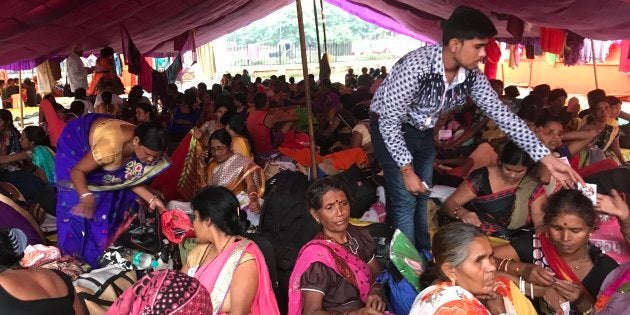 Anganwadi and ASHA workers at Ramlila Maidan, Delhi, on the eve of the Kisan-Mazdoor Sangharsh rally.