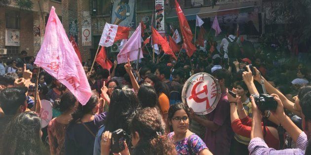 Supporters of left organisations celebrate in JNU after the results were announced on Sunday.