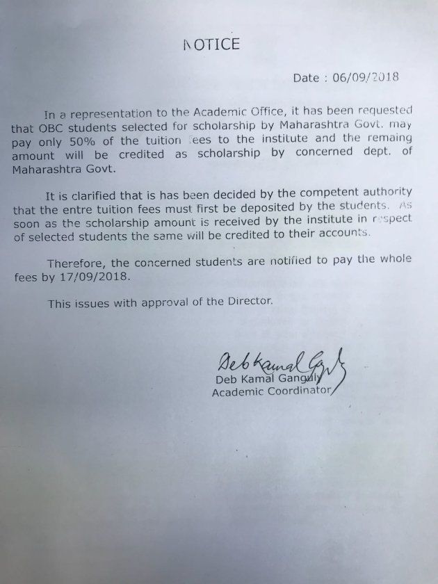 A copy of the notice that says FTII will reimburse scholarship money once it receives it from the government.
