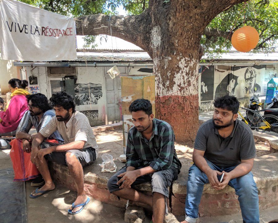 Students below the famous Wisdom Tree at the FTII campus in Pune on Tuesday.