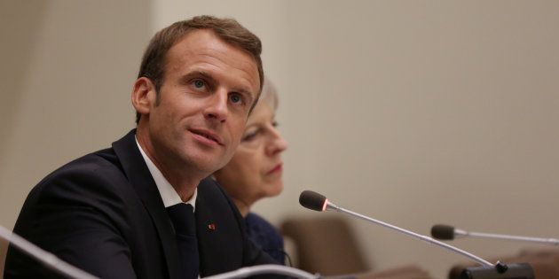 French President Emmanuel Macron speaks at an event at the U.N. headquarters during the United Nations General Assembly in Manhattan, New York.