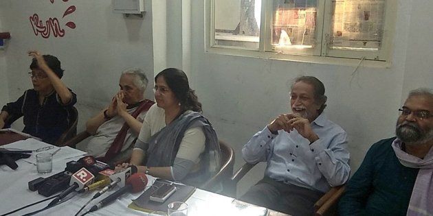 (From left) Maja Daruwala, Romila Thapar, Vrinda Grover, Prabhat Patnaik and Satish Deshpande at the press conference in New Delhi on Friday.