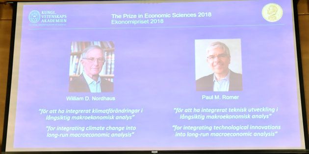 Per Stromberg, Goran K. Hansson and Per Krusell annonce the laureates of the Nobel Prize in Economics during a press conference at the The Royal Swedish Academy of Sciences in Stockholm, Sweden, October 8, 2018. The prize is divided between William D. Nordhaus and Paul M. Romer.