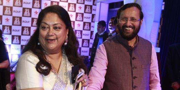 File Photograph of Union Minister of Human Resource Development Prakash Javadekar, and Rajasthan Chief Minister Vasundhara Raje at a function in Delhi in 2014.
