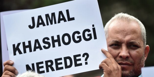 A man holds a placard reading 'Where is Jamal Kashoggi ?' during a demonstration in support of missing journalist and Riyadh critic Jamal Khashoggi, in front of the Saudi Arabian consulate in Istanbul.