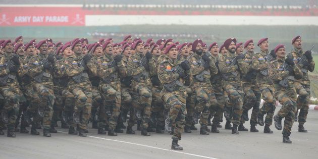 Indian Army Para Commandos march during the Army Day parade in New Delhi.
