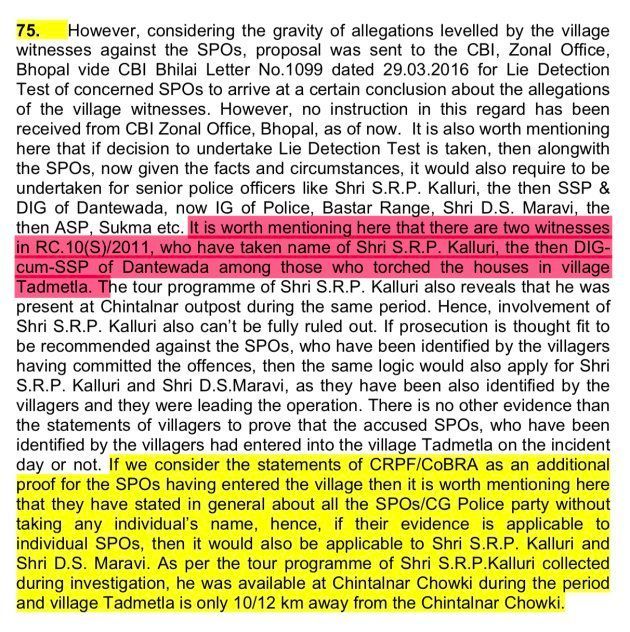 An excerpt of an internal CBI memo considering Inspector General of Police SRP Kalluri's role in the 2011 Tadmetla incident.