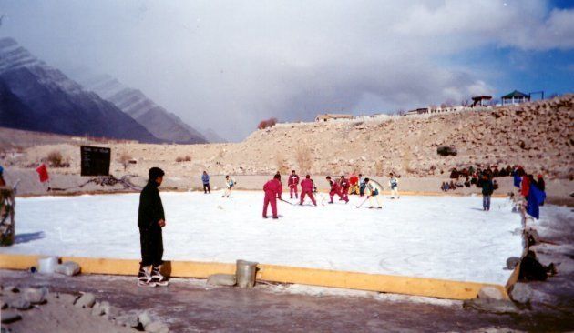 Ladakh's early ice hockey athletes play before the advent of helmets and pads in the area. (Photo:Ladakh Winter Sports Club)