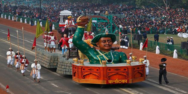 A tableau depicting the might of Indian historical figure Tipu Sultan moves past during full dress rehearsals for the Republic Day parade.