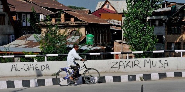 SRINAGAR, INDIA - AUGUST 5: Names of newly established Al-Qaeda's wing and its commander Zakir Musa can be seen in graffiti, on August 5, 2017 in Srinagar, India. (Photo by Waseem Andrabi/Hindustan Times via Getty Images)