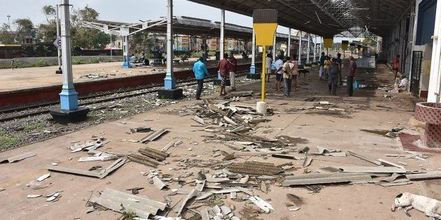 Debris from a damaged roof is pictured on a platform at the train station in Nagapattinam in India's southern Tamil Nadu state on November 16, 2018, after a cyclone struck the region. - Powerful winds felled trees, destroyed homes and forced thousands to flee to safety as Cyclone Gaja barrelled into India's eastern coast November 16. (Photo by - / AFP) (Photo credit should read -/AFP/Getty Images)