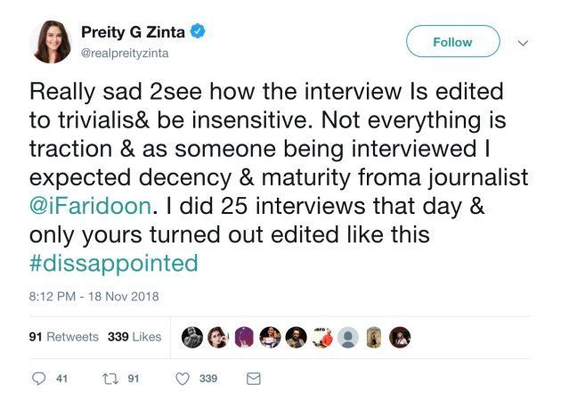 Screenshot of Preity Zinta's tweet.