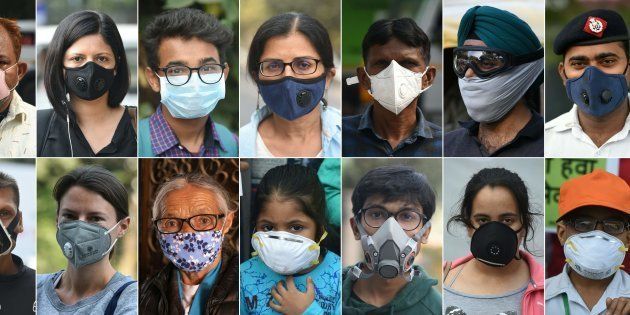 This combination of pictures shows people wearing face masks to protect themselves against air pollution in New Delhi.