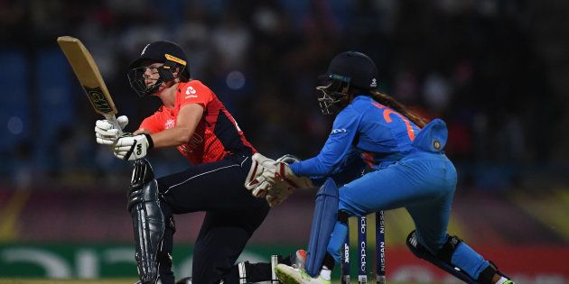 Amy Jones of England bats during the ICC Women's World T20 2018 Semi-Final match between England and India at Sir Viv Richards Cricket Ground.