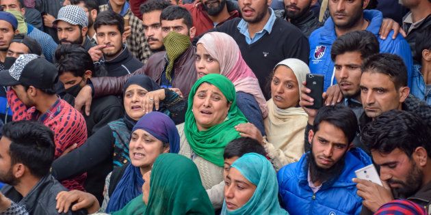 Mourners at the funeral procession of slain militant Mohd Amin in Pampore earlier this month. 2018 has seen the highest death toll since 2008, when 505 people died.