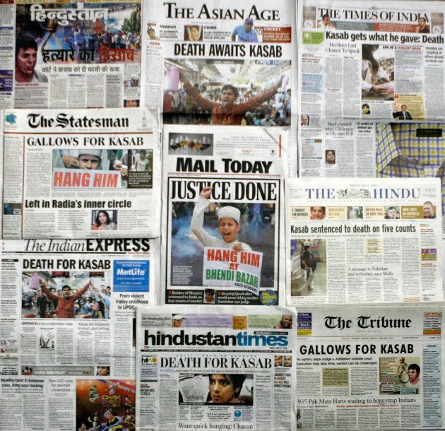 A combination of front pages of major Indian newspapers the day after Kasab was sentenced to death.