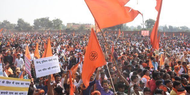 Supporters of VHP and other Hindu organisations attend Dharma Sabha.