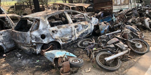 The vehicles torched by the angry mob near Chingravti police post in Bulandshahr
