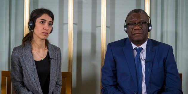 Nobel peace price laureates Nadia Murad, left, and Dr. Denis Mukwege look on during the press conference at the Nobelinstituttet in Oslo, Sunday