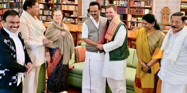 Stalin, Kanimozhi with Sonia Gandhi and Rahul Gandhi in New Delhi on Sunday