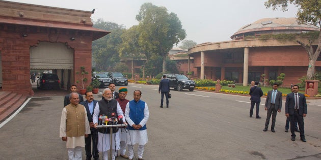 Prime Minister Narendra Modi on the opening day of the winter session of the Parliament in New Delhi, India, Tuesday, Dec. 11, 2018.