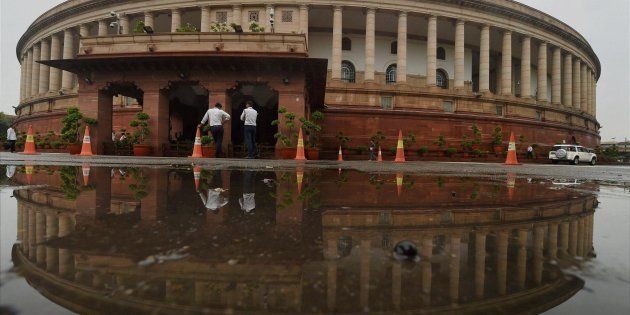 The Parliament house after heavy shower in New Delhi on Monday.