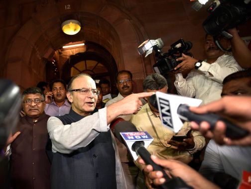 Finance Minister Arun Jaitley coming out after GST bill passed in both the Houses during the Monsoon Session at Parliament House on August 3, 2016 in New Delhi, India.