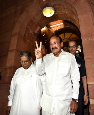 Parliametary Affairs Minister M Venkiah Naidu coming out after GST bill passed in both houses during the Monsoon Session at Parliament house on August 3, 2016 in New Delhi, India.