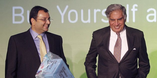 File photo: Tata Group Chairman Ratan Tata and Deputy Chairman Cyrus Mistry attend the launch of a new website for tech superstore Croma, managed by Infiniti Retail, a part of the Tata Group, in Mumbai, India April 23, 2012. REUTERS/Vivek Prakash/File Photo
