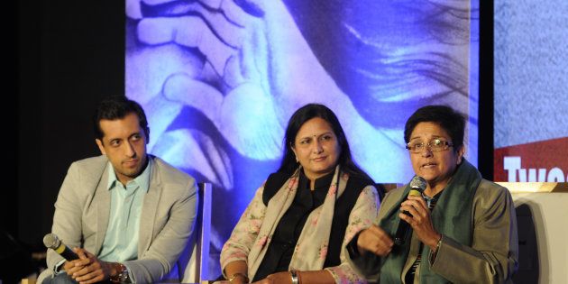 (L - R) Former Twitter Head (India) head Rishi Jaitly, Kawaljeet Singh, Kiran Bedi participating in panel discussion Battling Demons: Inner and Outer during inauguration of social TV show Code Red at Hindu College on January 13, 2015 in New Delhi, India.