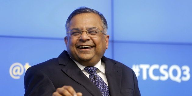 Tata Consultancy Services (TCS) Chief Executive N. Chandrasekaran gestures as he speaks during a news conference in Mumbai, India, January 12, 2016.