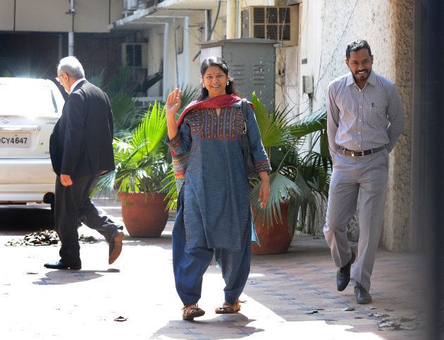 DMK leader Kanimozhi leaves after a hearing in the 2G spectrum allocation scam case at Patiala court on March 16, 2015 in New Delhi.