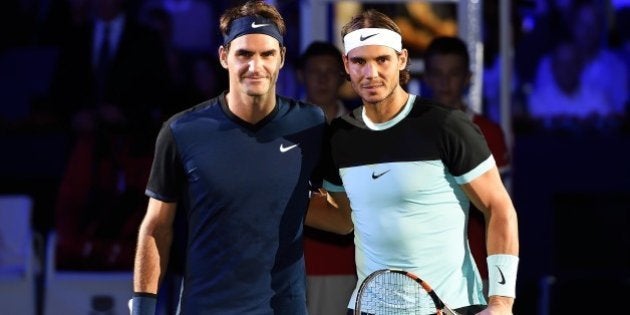 BASEL, SWITZERLAND - NOVEMBER 1: Roger Federer of Switzerland with runner-up Rafael Nadal of Spain after the coin toss at the Swiss Indoors Basel at St. Jakobshalle on November 1, 2015 in Basel, Switzerland. (Photo by Peter Staples/ATP World Tour/ATP via Getty Images).