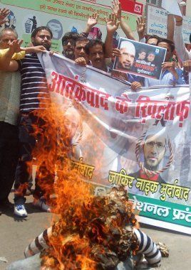 Lucknow: Activists of Shia National Front burning the effigy of Islamic preacher Zakir Naik against his alleged involvement in terrorism on Saturday. PTI Photo by Nand Kumar