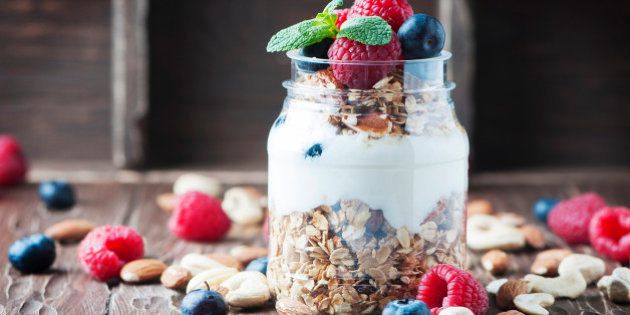 Homemade granola with berry and nuts, selective focus