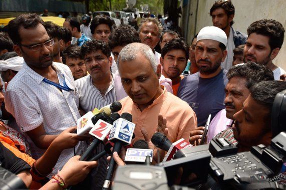 AAP leader Somnath Bharti addressing the media after the police arrested AAP legislator Dinesh Mohaniya for allegedly misbehaving with a woman and slapping a 60-year-old man, on June 25, 2016 in New Delhi, India.