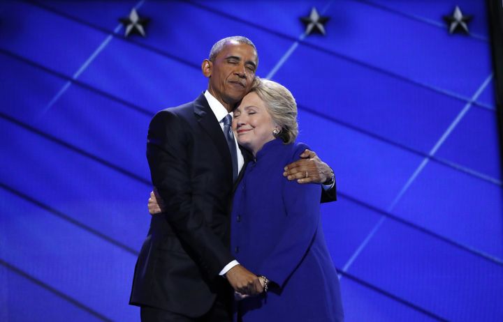 Hillary Clinton hugs U.S. President Barack Obama.
