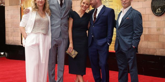 JK Rowling (centre) with writer of the show Jack Thorne (2nd left), director John Tiffany (2nd right), co-producers Colin Callender and Sonia Friedman arriving for the opening gala performance of Harry Potter and The Cursed Child, at the Palace Theatre in London.