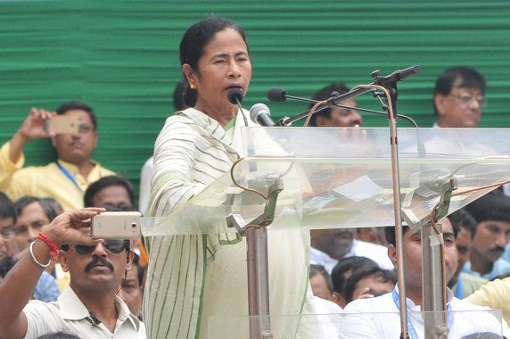 West Bengal chief minister and Trinamool Congress Party (TMC) chief, Mamata Banerjee addresses a mass meeting attended by hundreds of thousands of TMC supporters in Kolkata on July 21, 2016.