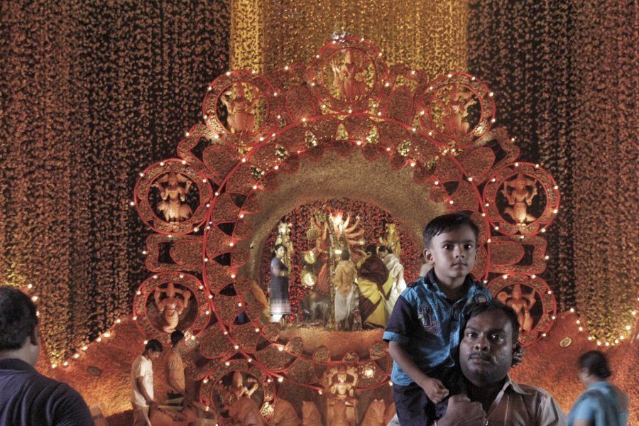 Inside the pandal at the Badamtala Ashar Shangha Puja in south Kolkata.