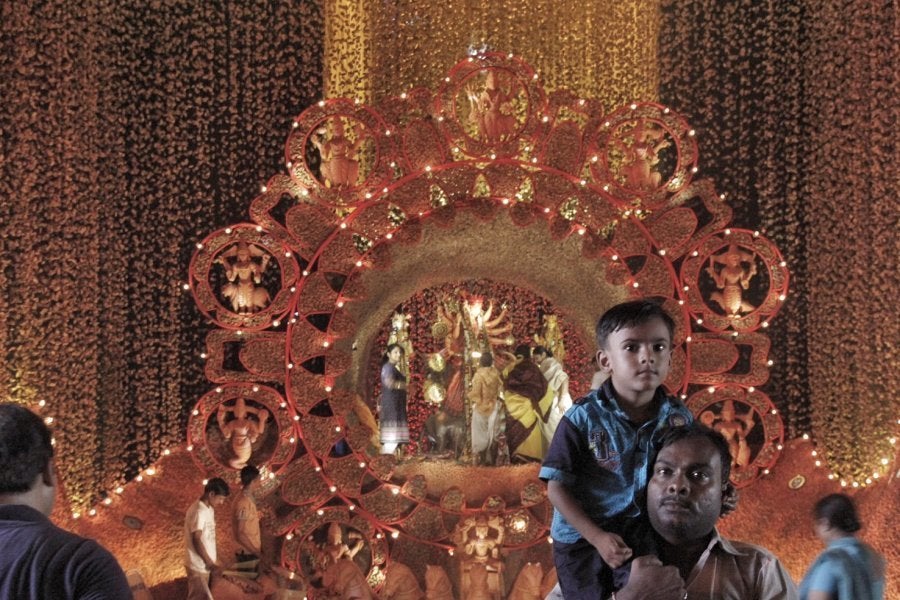 Inside the pandal at the Badamtala Ashar Shangha Puja in south Kolkata.