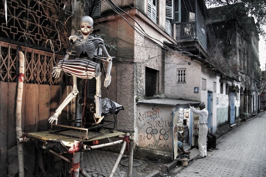 An installation in one of the streets at the very popular Sovabajar area in north Kolkata. This road, that leads to various pandals, is dotted with several installations such as these.