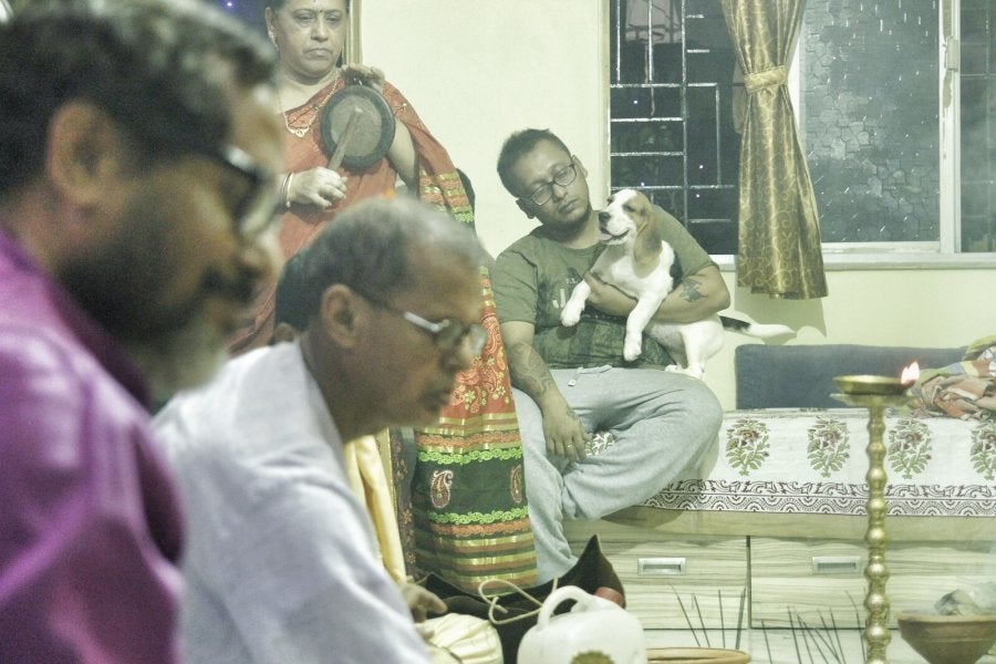 Tithir Saha ( far right) is 28 years old and works for TCS. His father TK Saha, who is a businessman, started this Durga Pujo at their home two years back.