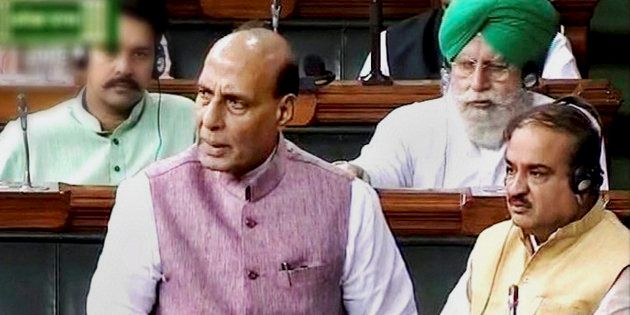 Union home minister Rajnath Singh in the Lok Sabha in New Delhi on Wednesday during the ongoing monsoon session.