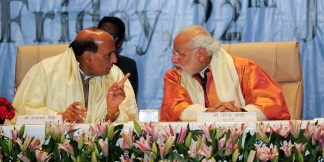 Rajnath Singh and Prime Minister Narendra Modi in Lucknow in January, 2016. (Photo by Ashok Dutta/Hindustan Times via Getty Images)